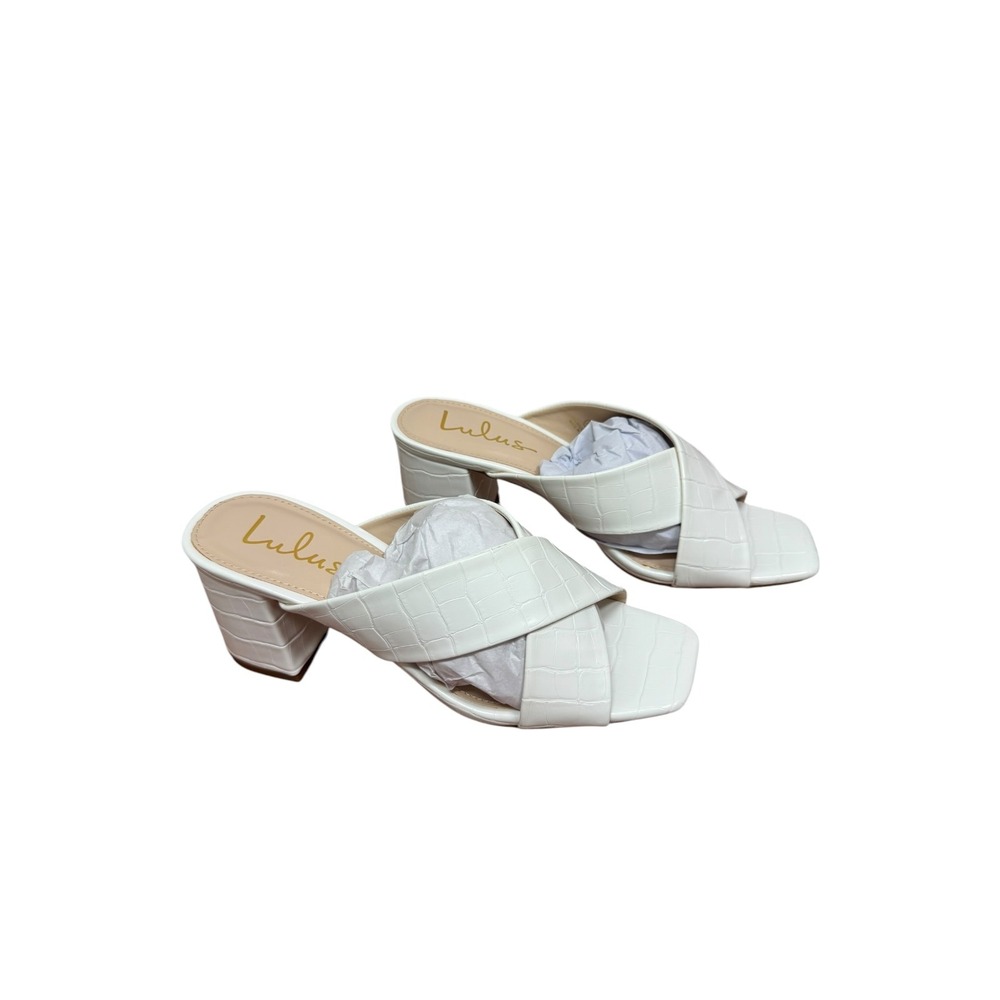 Lulus Ybarra Off White Croc Embossed Square Toe Block Heel Mules Sandals 7.5 NEW